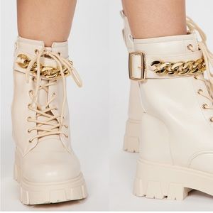 Cream Combat Boots with Gold Chain Detailing